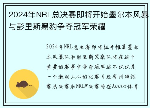 2024年NRL总决赛即将开始墨尔本风暴与彭里斯黑豹争夺冠军荣耀